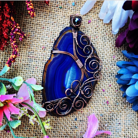 Fashion Jewelry Denim - Druzy purple agate geode wirewrap pendant necklace